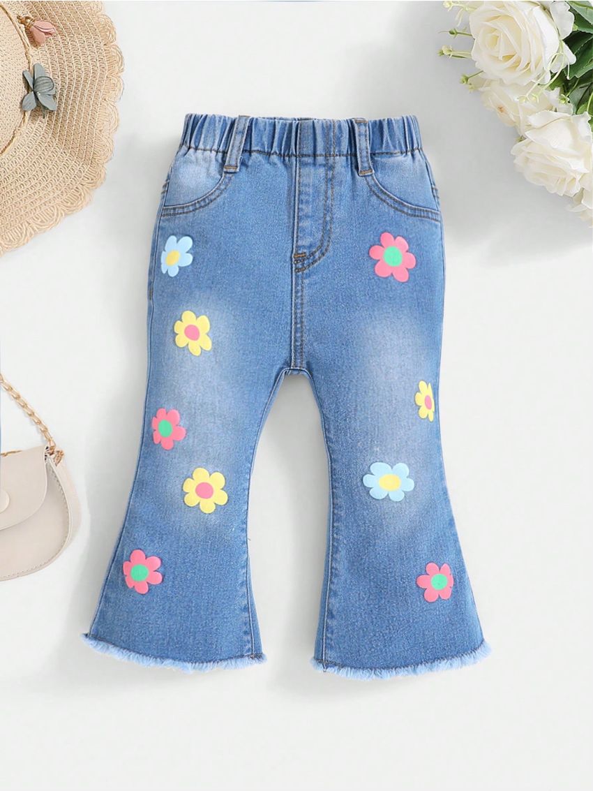 SHEIN Baby Girls' High Elastic Washed Fashionable Leisure Cute Flower Print Flared Jeans,Spring/Summer Boho Cute Jeans