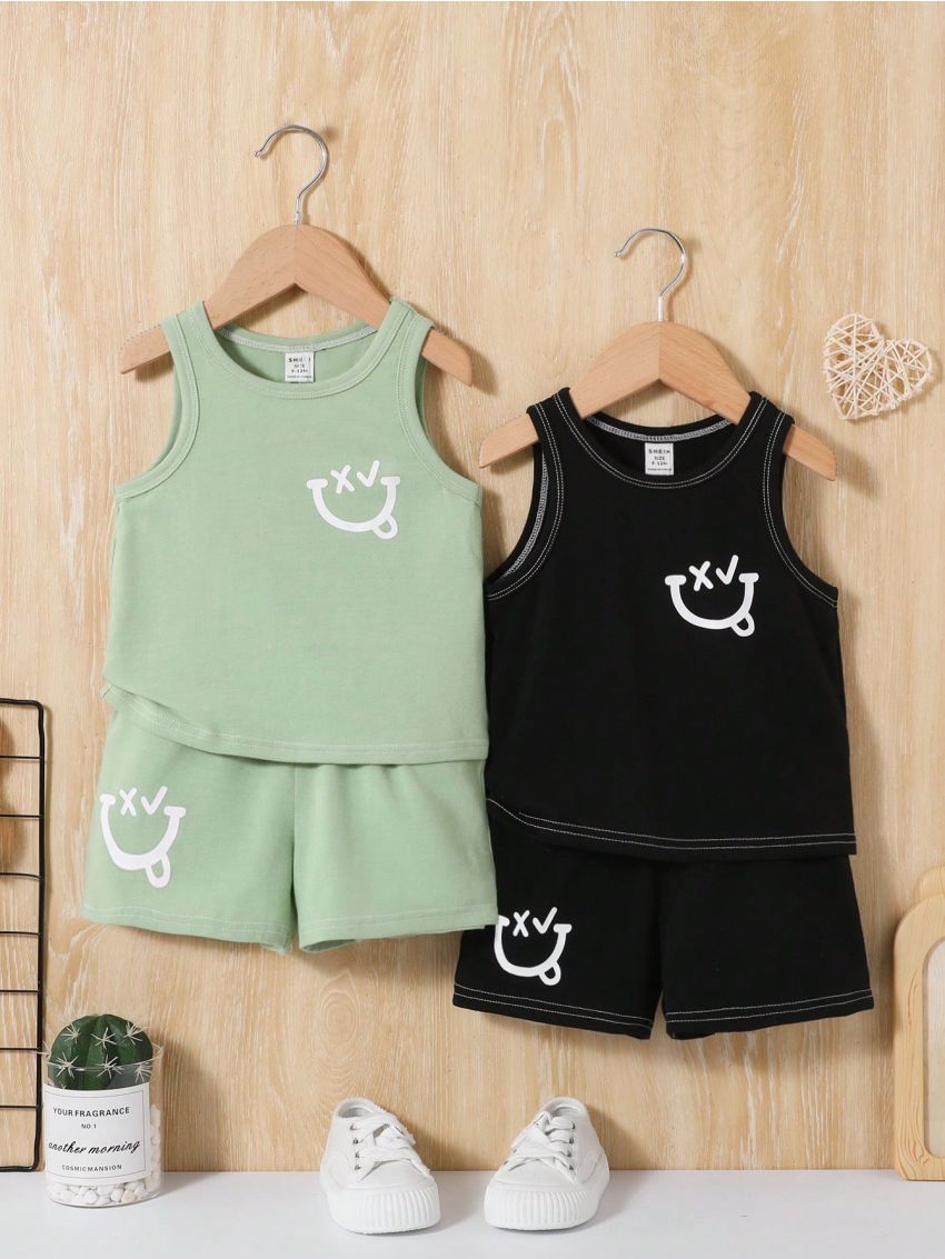 SHEIN 4pcs Baby Boy Casual Holiday Sleeveless Top & Shorts Set With Cute Face Pattern