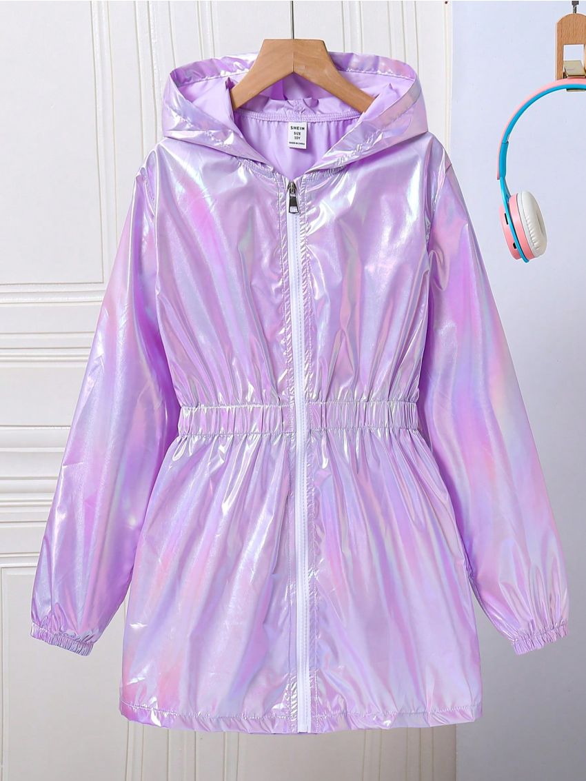 Teenage Girls' Elastic Waist Zipper Front Hooded Jacket