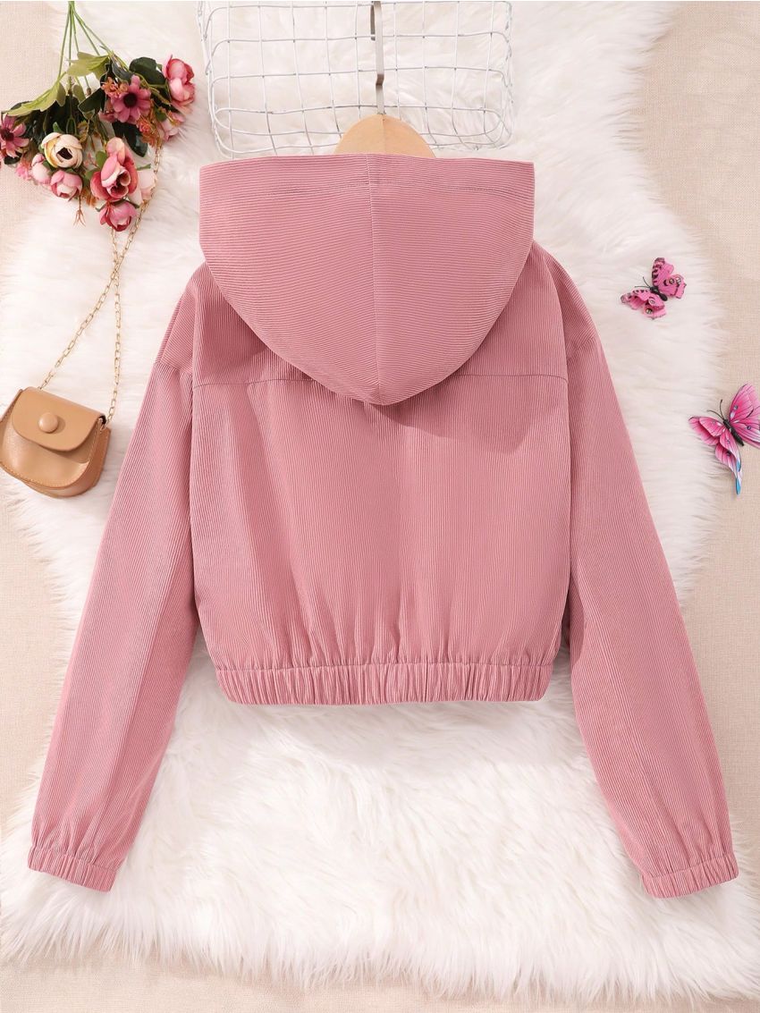 Teen Girls' Solid Color Hooded Casual Jacket With Mock Pockets