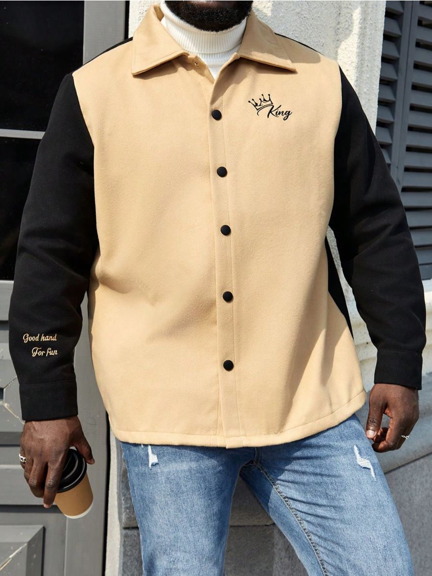 Extended Sizes Plus Size Men's Woolen Jacket With Letter Print And Color Block Design