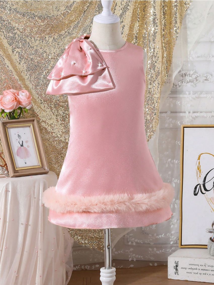 Young Girl's Satin Bow & Beaded Hem Feather Embellished Sheath Party Dress For Attending Banquets And Parties, Summer