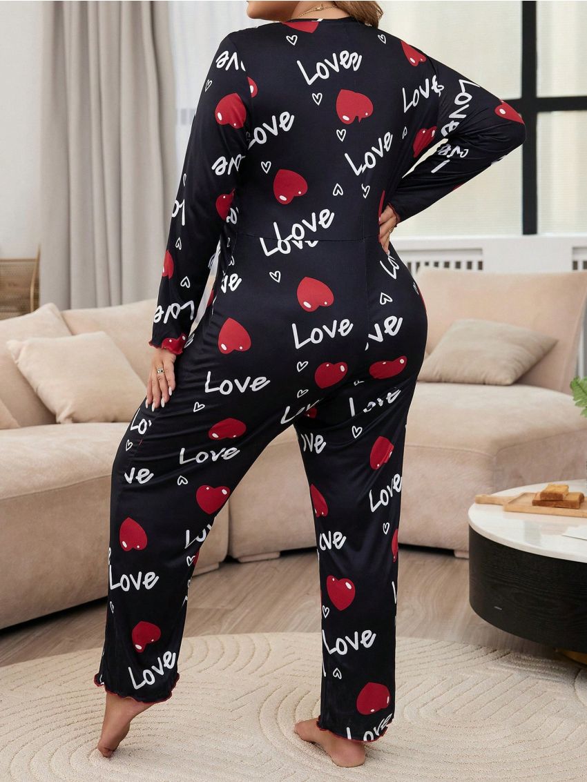 Plus Size Heart & Letter Printed Homewear Jumpsuit