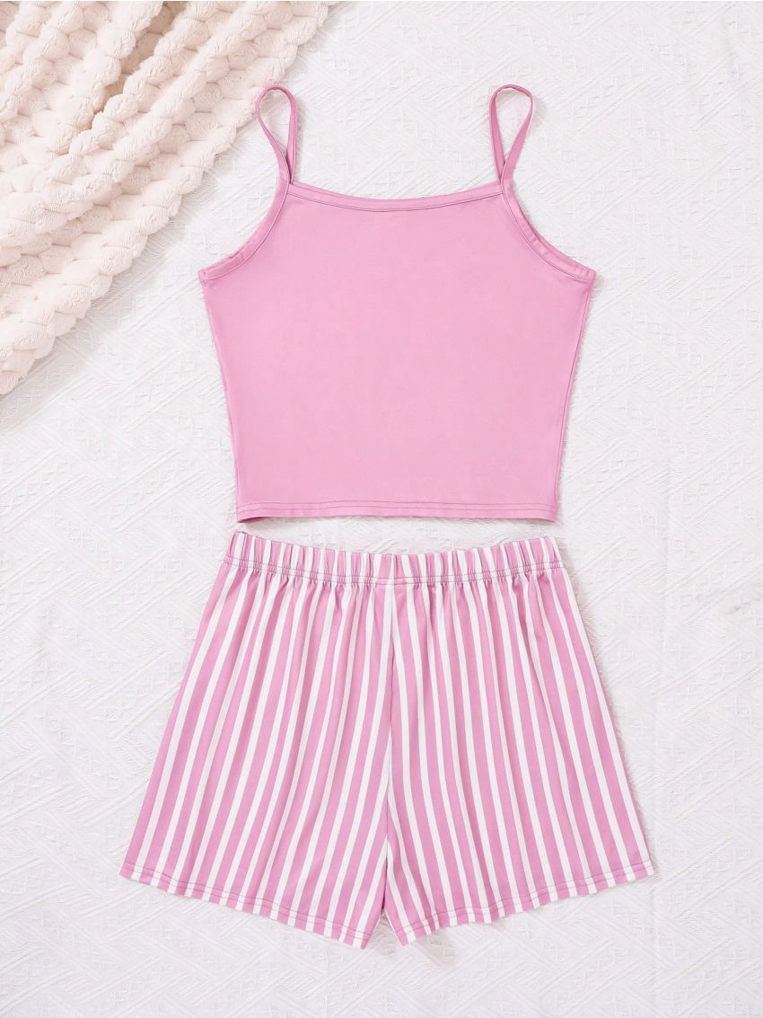 SHEIN Teen Girls' Letter Print Cami Top & Striped Shorts Homewear Set