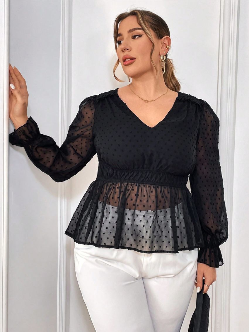 SHEIN Privé Plus Size Women'S Polka Dot Mesh Blouse