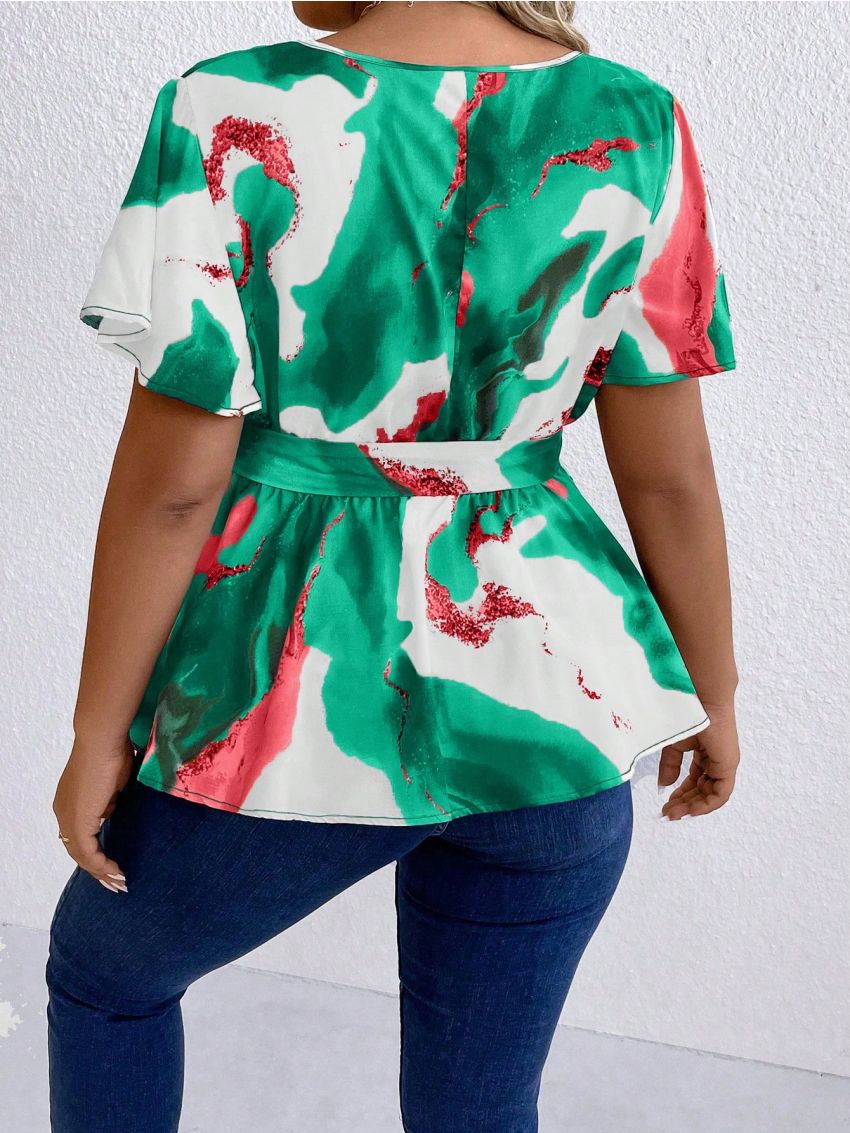SHEIN Essnce Plus Graphic Print Belted Peplum Blouse