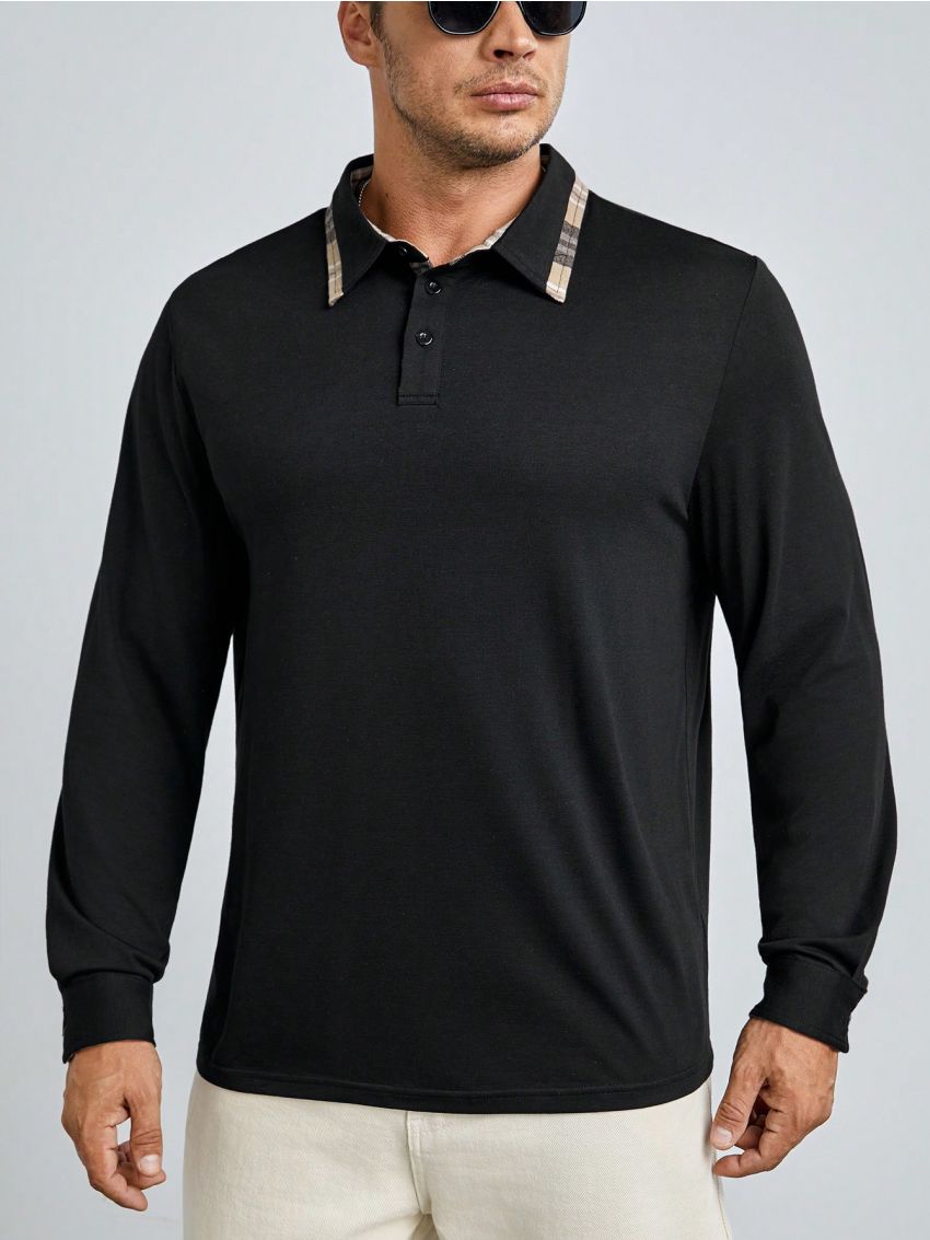 SHEIN Extended Sizes Men's Plus Size Plaid Patchwork Polo Shirt