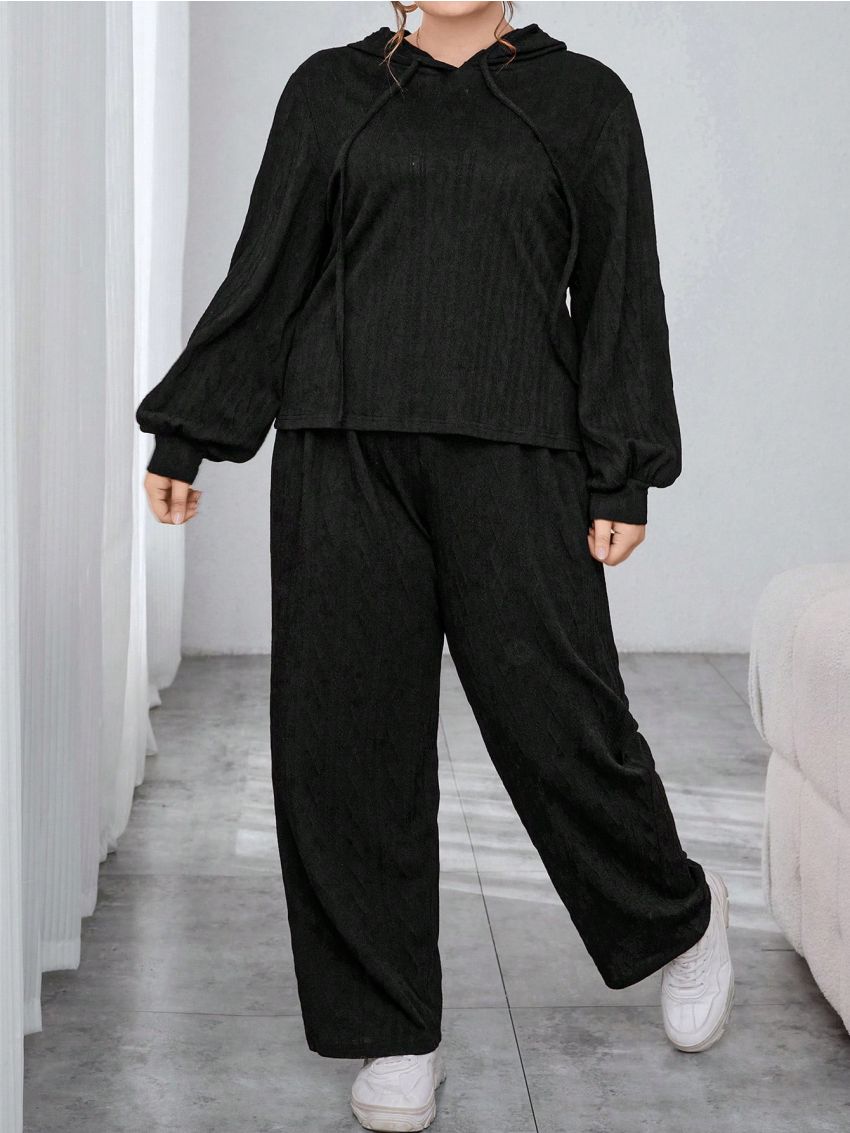 SHEIN Essnce Plus Size Women'S Textured Hooded Top & Pants Set
