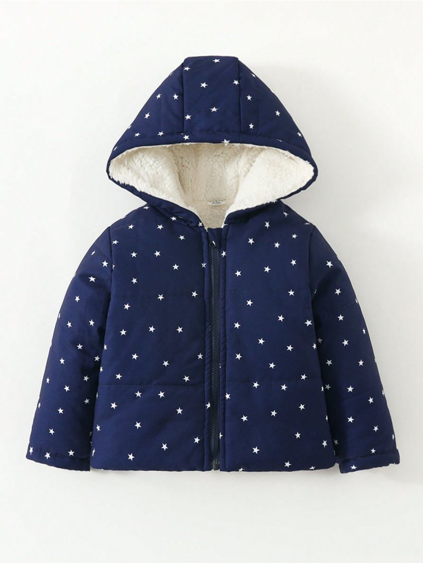 Toddler Boys' Blue Star Printed Thick Casual Daily Jacket, Autumn And Winter