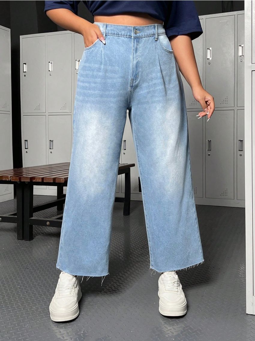 Loose, Wide-legged, Plus Size Women's Denim Pants With Frayed Hem