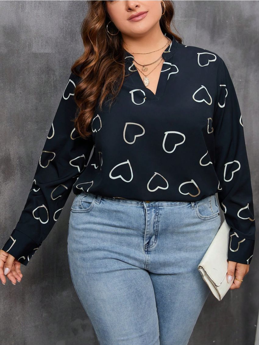 SHEIN LUNE Plus Heart Print Notched Neckline Blouse