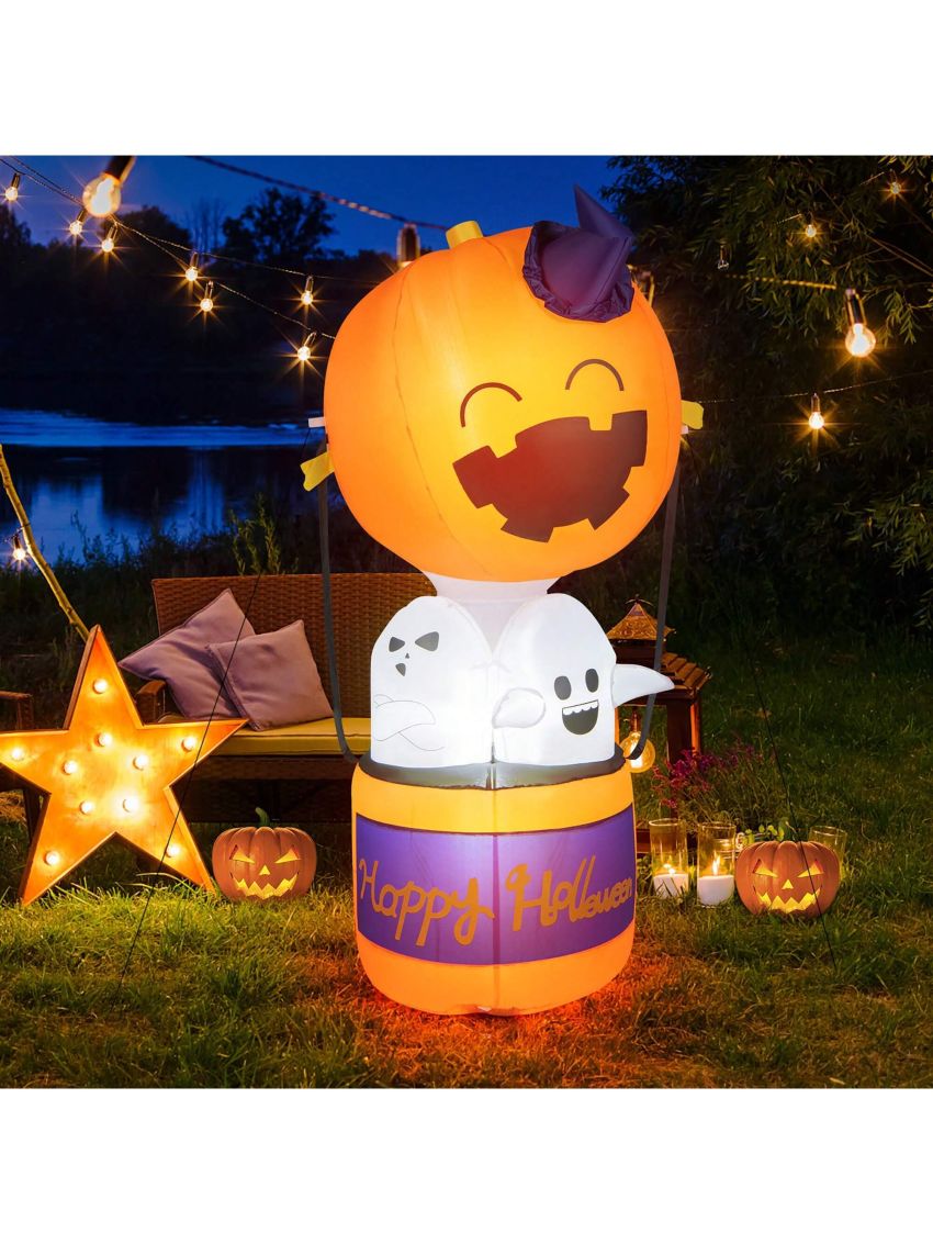Gymax 6FT Tall Halloween Ghost Pumpkin Inflatable Hot Air Balloon Decor w/ LED Lights