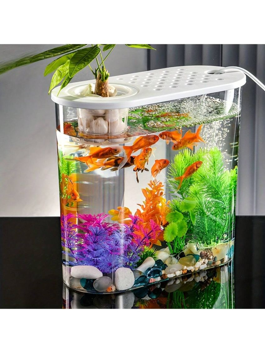 Pvc Acrylic Plastic Fish Tank With Water Plants & Oval Design For Desktop. Transparent. Durable & Unbreakable. Suitable For Office & Home Decoration And As Turtle Tank.