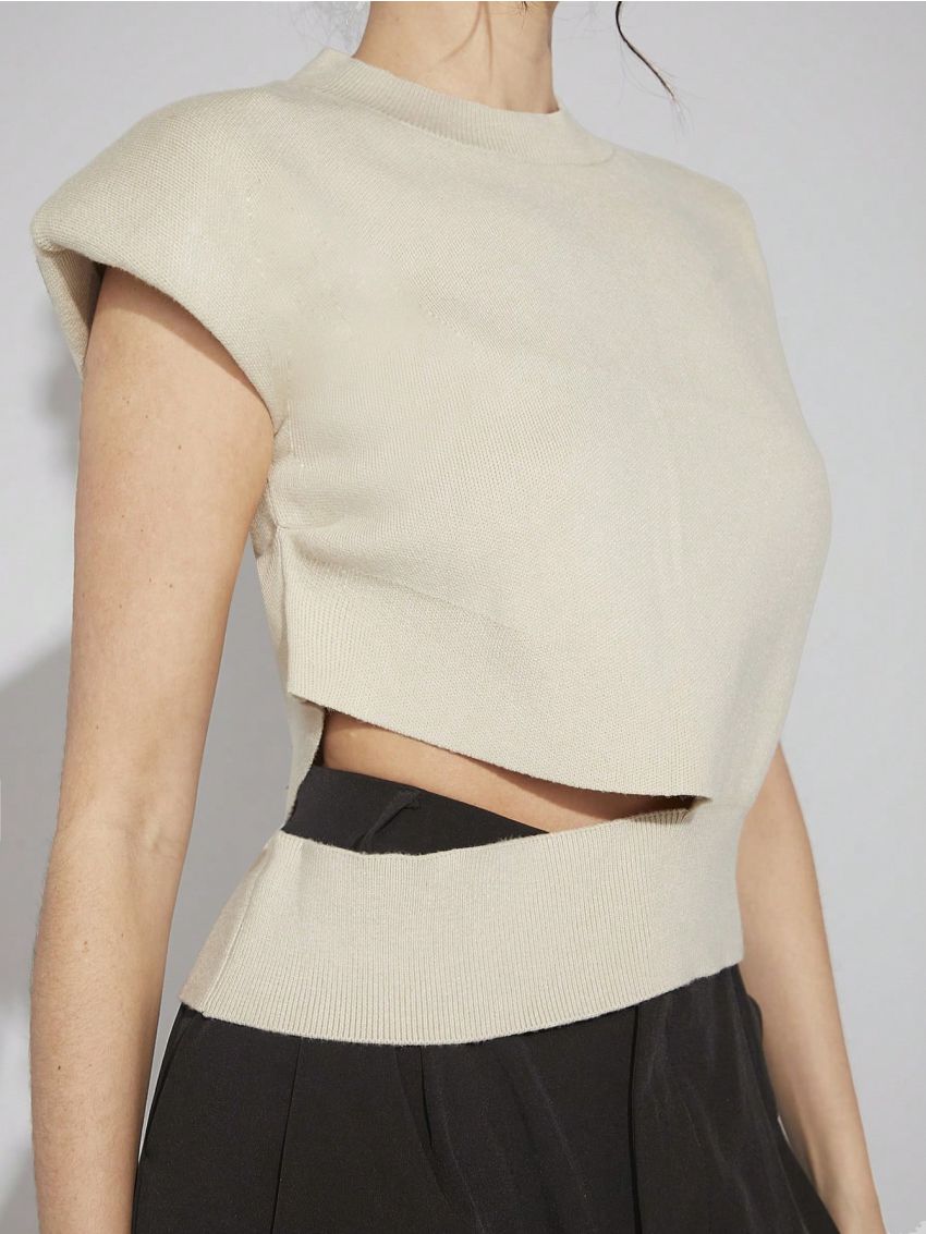 Luxe Women's Padded Shoulder & Hollow Out Knit Top