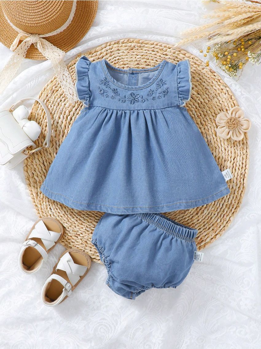 Baby Girl Embroidery Pattern Flutter Sleeve Top With Skirted Hem & Cute Triangle Shorts 2pcs/Set