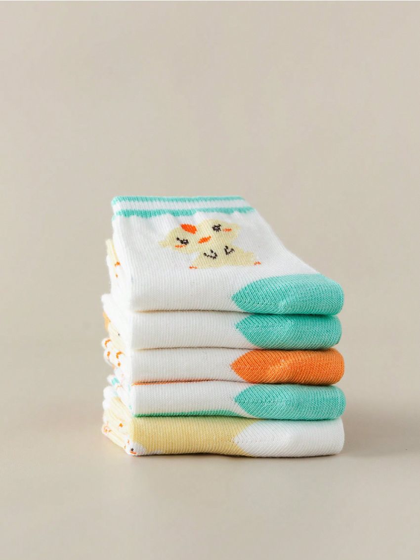 5pairs/set Girls' Cartoon Chicken Mid-calf Socks Suitable For All Seasons And Daily Wear