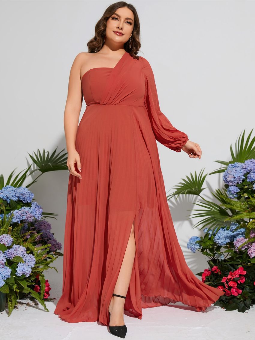 Plus One Shoulder Lantern Sleeve Split Thigh Pleated Hem Chiffon Bridesmaid Dress
