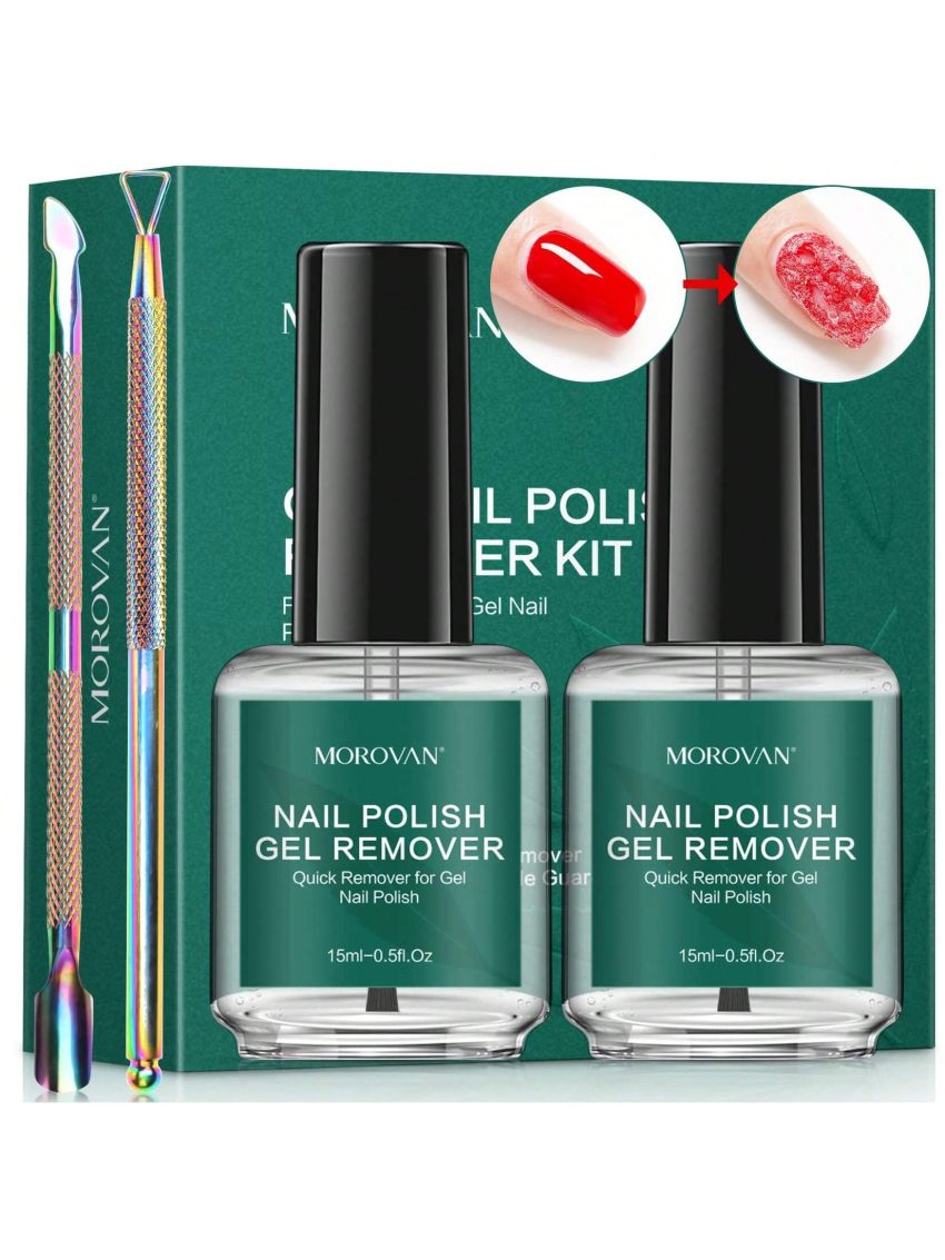 Morovan Gel Nail Polish Remover Kit 2 Pack - 5ml 0.5fl.oz Gel Remover for Nails Set Quick Easy Remove Soak-Off Gel Polish Remover Cuticle Pusher Peeler Cuticle