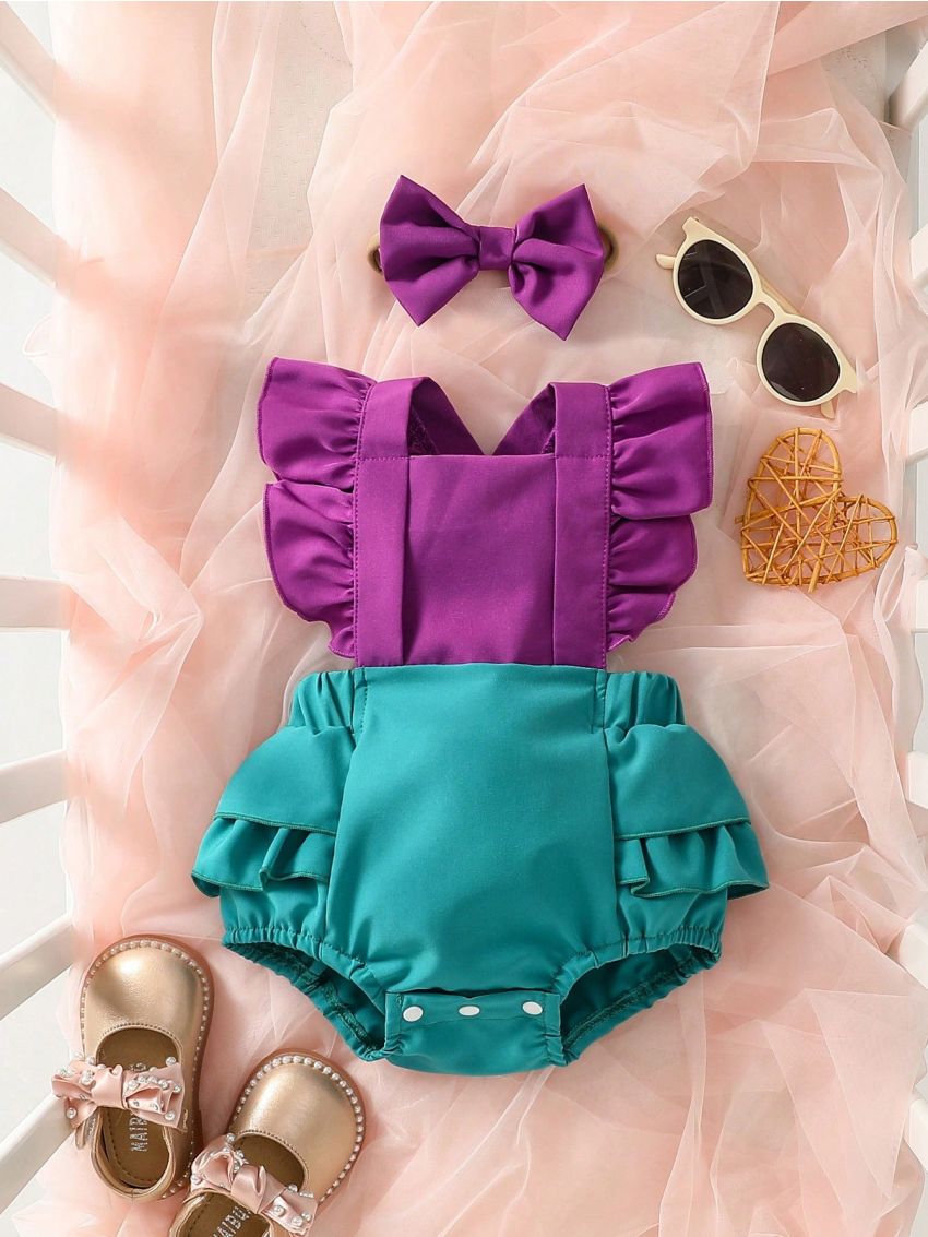 SHEIN Newborn Baby Girls' Outfit Cake Layers Ruffles Jumpsuit Suspender Romper, Cute Princess Style, Spring & Summer