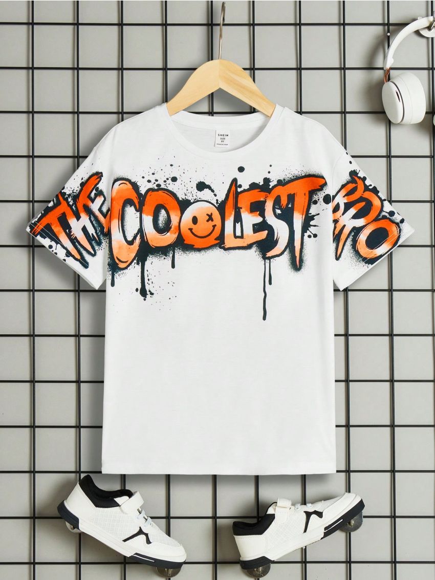 SHEIN Tween Boy Loose Fit Comfortable Casual T-Shirt With Emoticon & Letter Print