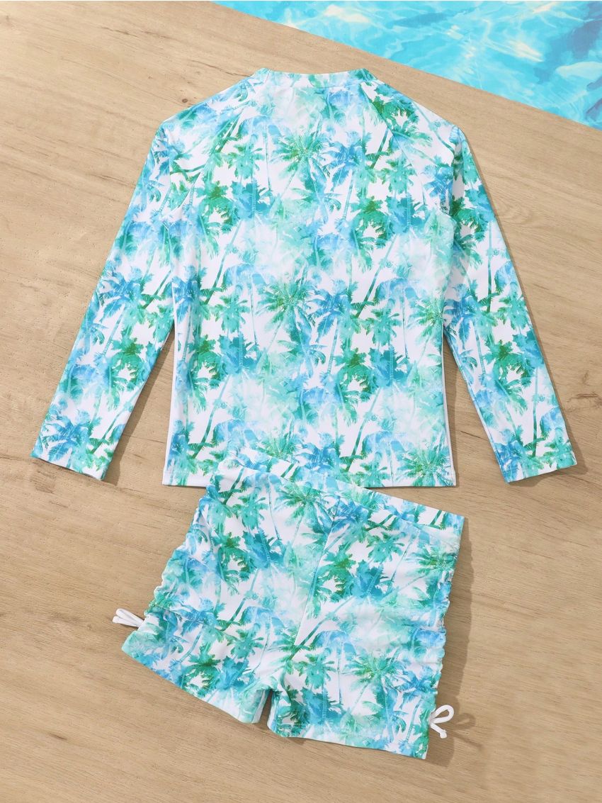 Tween Girls' Tropical Plant Printed Sleeveless Bikini Set