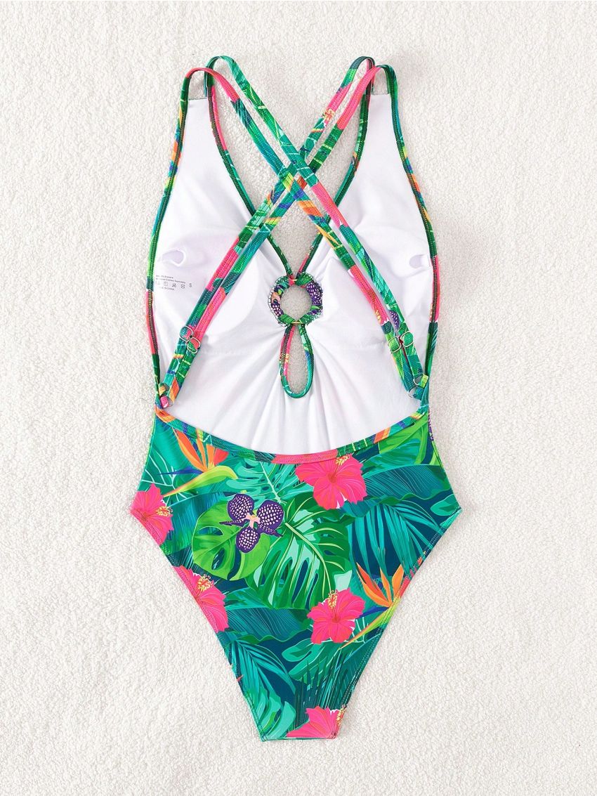 SHEIN Swim Summer Beach Tropical Printed Hollow Out One-Piece Swimsuit