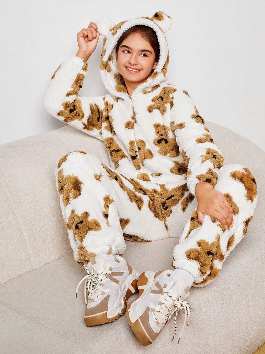 SHEIN Teen Girl Bear Pattern 3D Ear Design Hooded Flannel Jumpsuit