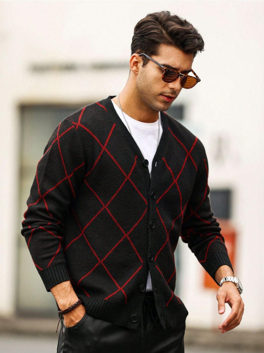Manfinity Homme Men's Simple Red & Black Plaid Cardigan