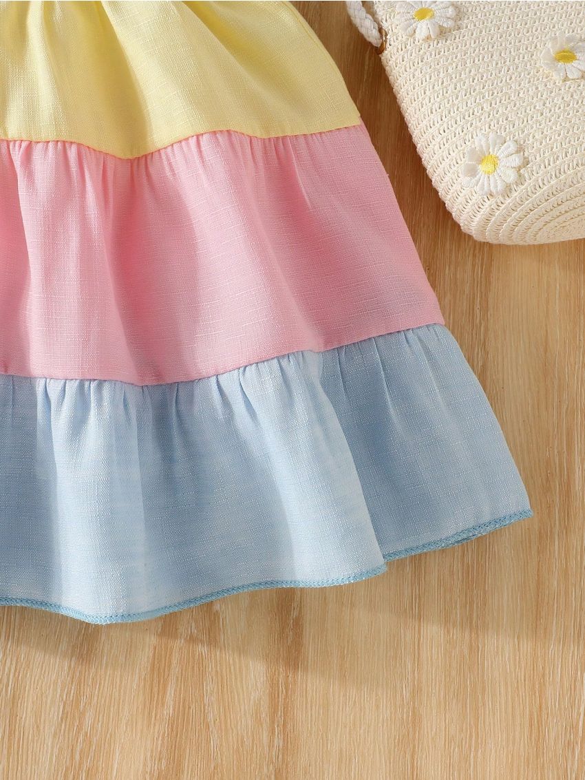 Summer New Arrival Baby Girl Embroidery Color Block Cake Camisole Dress With Hat