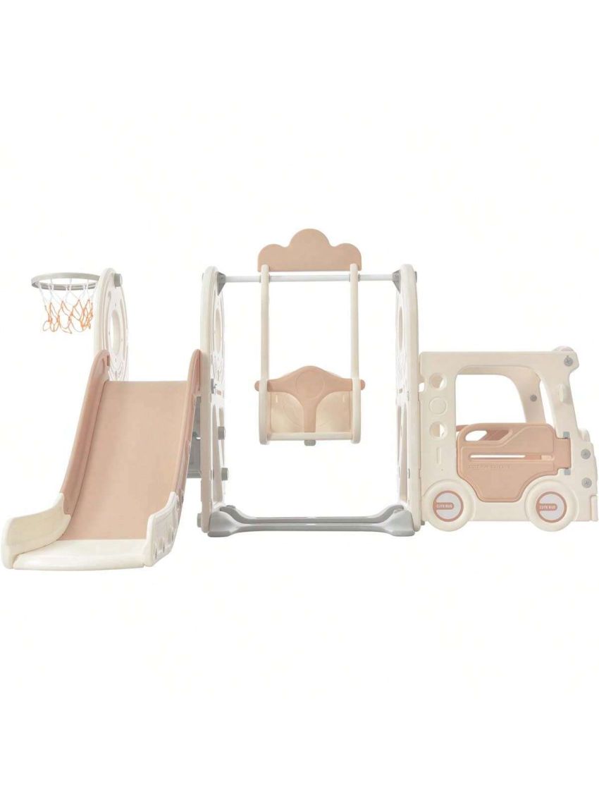 Merax Kids Swing-N-Slide with Bus Play Structure, Freestanding Bus Toy with Slide&Swing for Toddlers, Bus Slide Set with Basketball Hoop