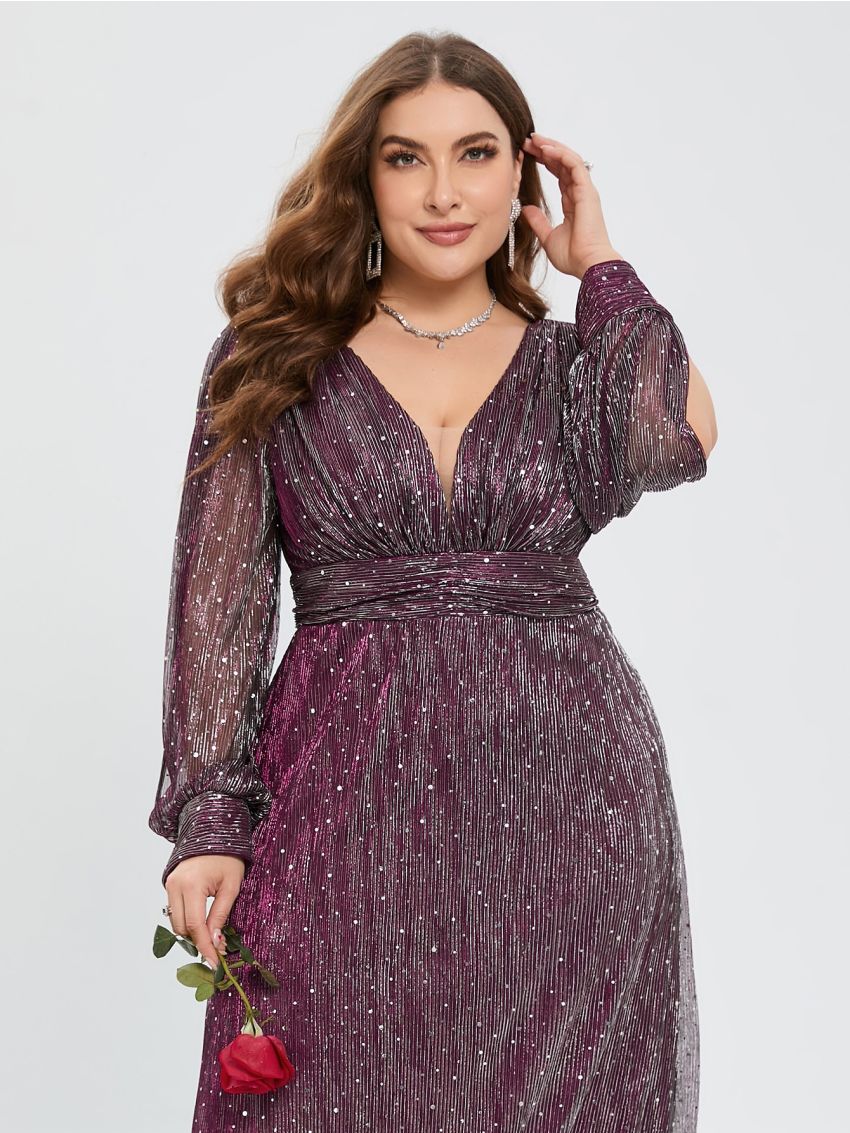 Plus Plunging Neck Lantern Sleeve Glitter Formal Dress