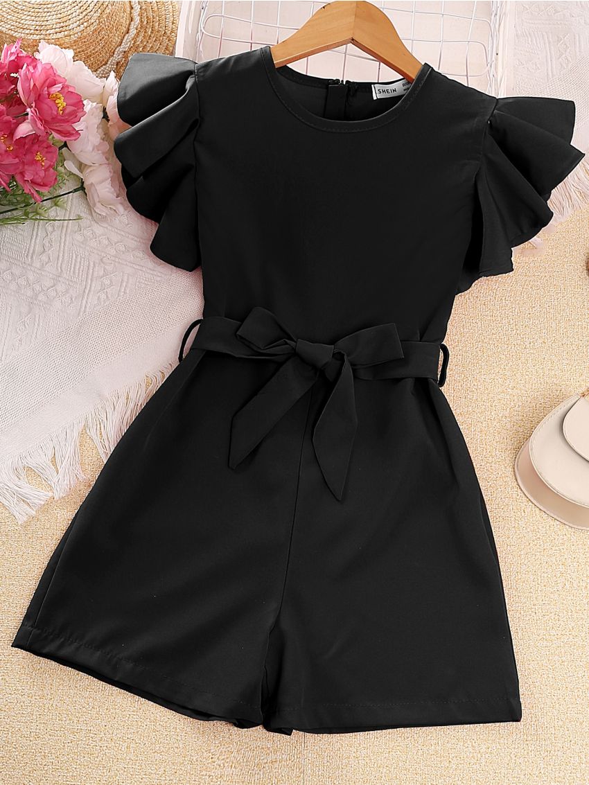 SHEIN Kids FANZEY Girls Butterfly Sleeve Belted Romper