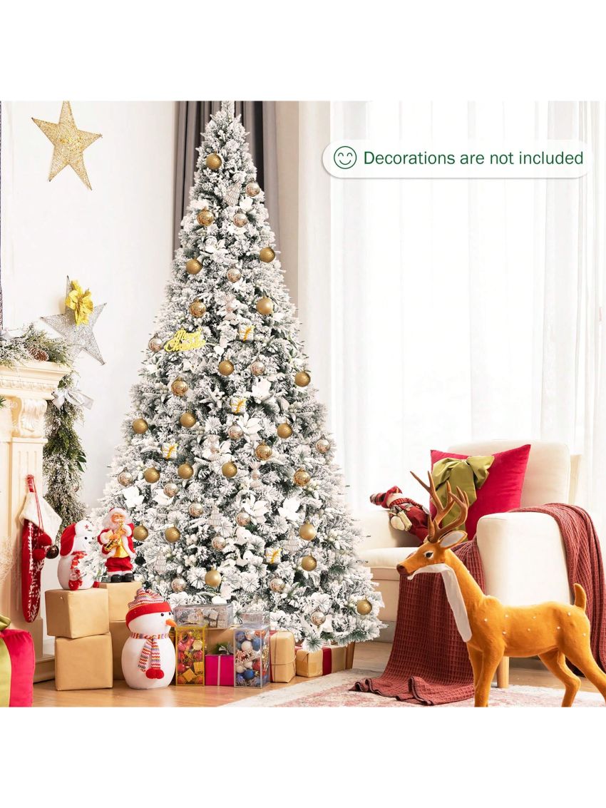 Costway 8ft Snow Flocked Hinged Christmas Tree w/ Berries & Poinsettia Flowers