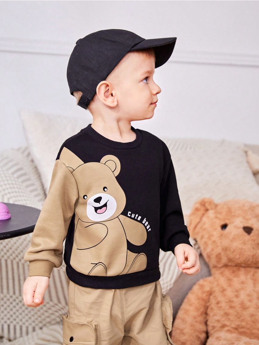 SHEIN Infant Boys' Leisure Cute Bear Pattern Color Block Long Sleeve Round Neck Sweatshirt