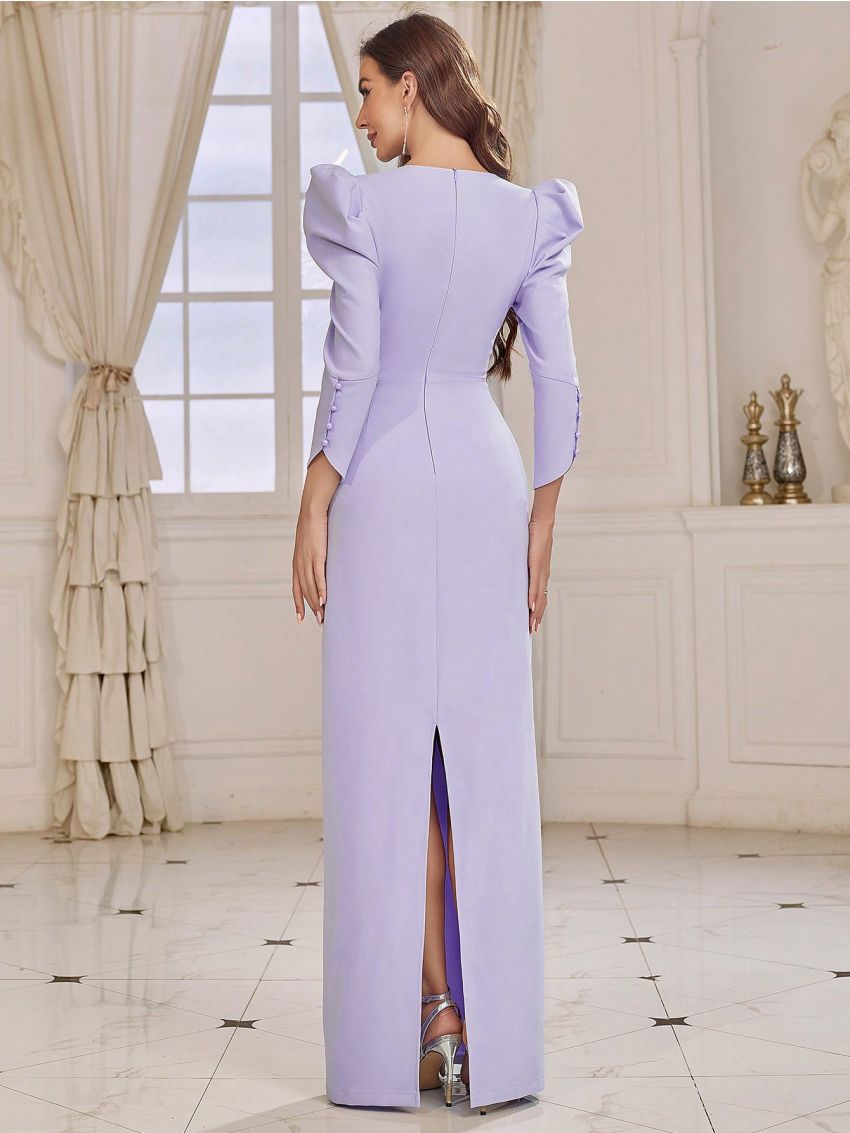 SHEIN Belle Adult Bridesmaid Dress With V-Neck, Leg-Of-Mutton Sleeve And Back Slit