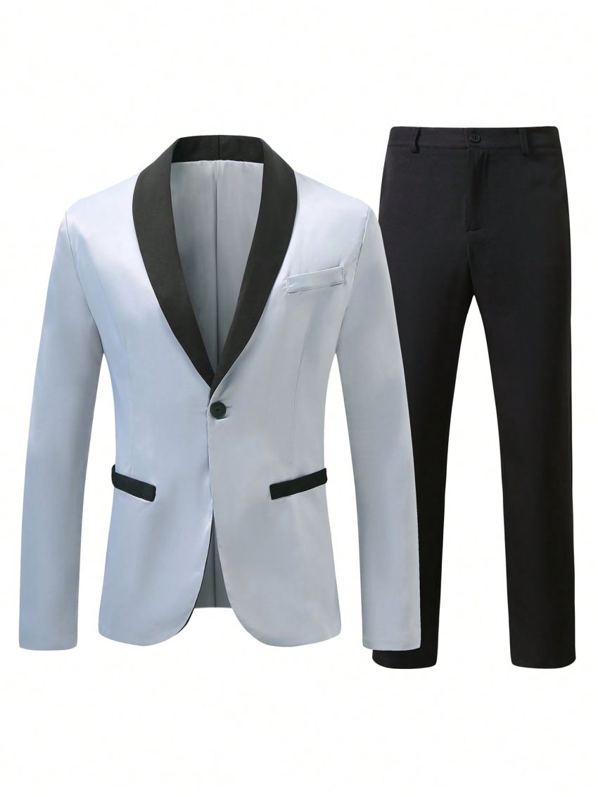 Men's Color Block Suit With Mandarin Collar And Trousers
