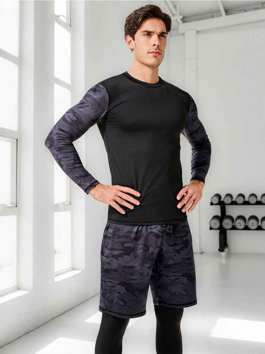 Men's Camouflage Print Long Sleeve T-Shirt, Shorts And Leggings Sports Set