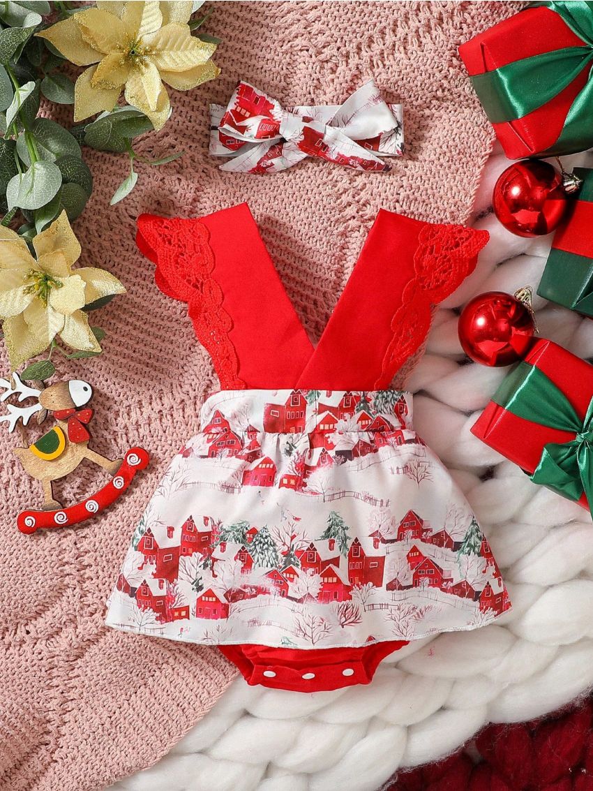 Baby Girl Christmas Print Contrast Lace Ruffle Trim Combo Bodysuit Dress With Headband
