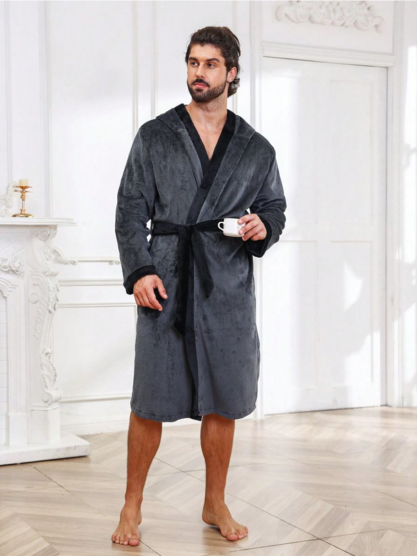 Men Contrast Trim Belted Sleep Robe