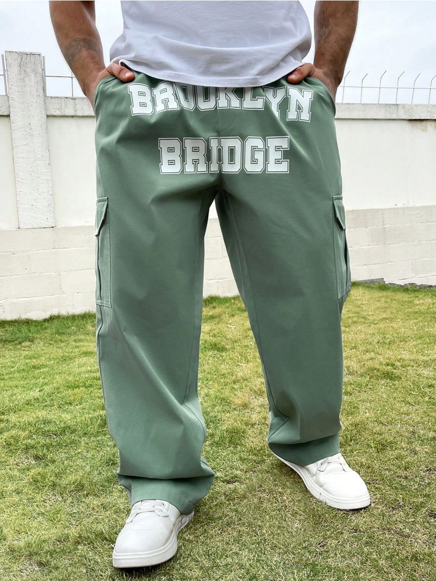 Manfinity Sporsity Men's Plus Size Cargo Pants With Letter Print And Pockets