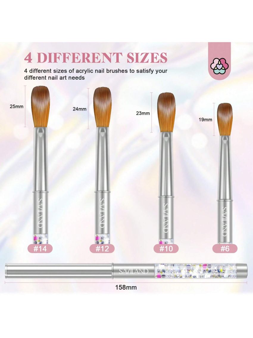 Saviland Kolinsky Acrylic Nail Brush Set - 4PCS Professional Acrylic Nail Brushes for Acrylic Application, Size 6/10/12/14 Acrylic Powder Brushes for Acrylic Nails Extension & 3D Nail Carving