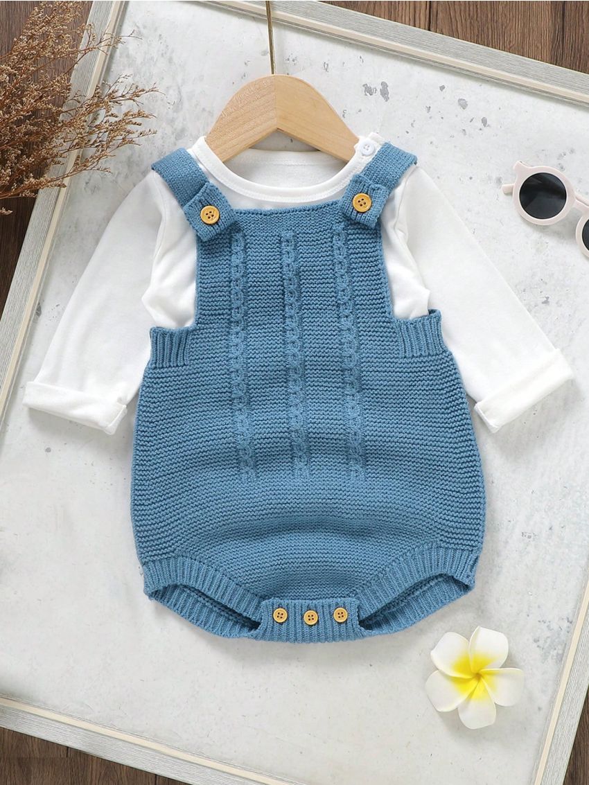 SHEIN 1pc Adjustable Shoulder Strap Knit Jumpsuit For Baby Boys