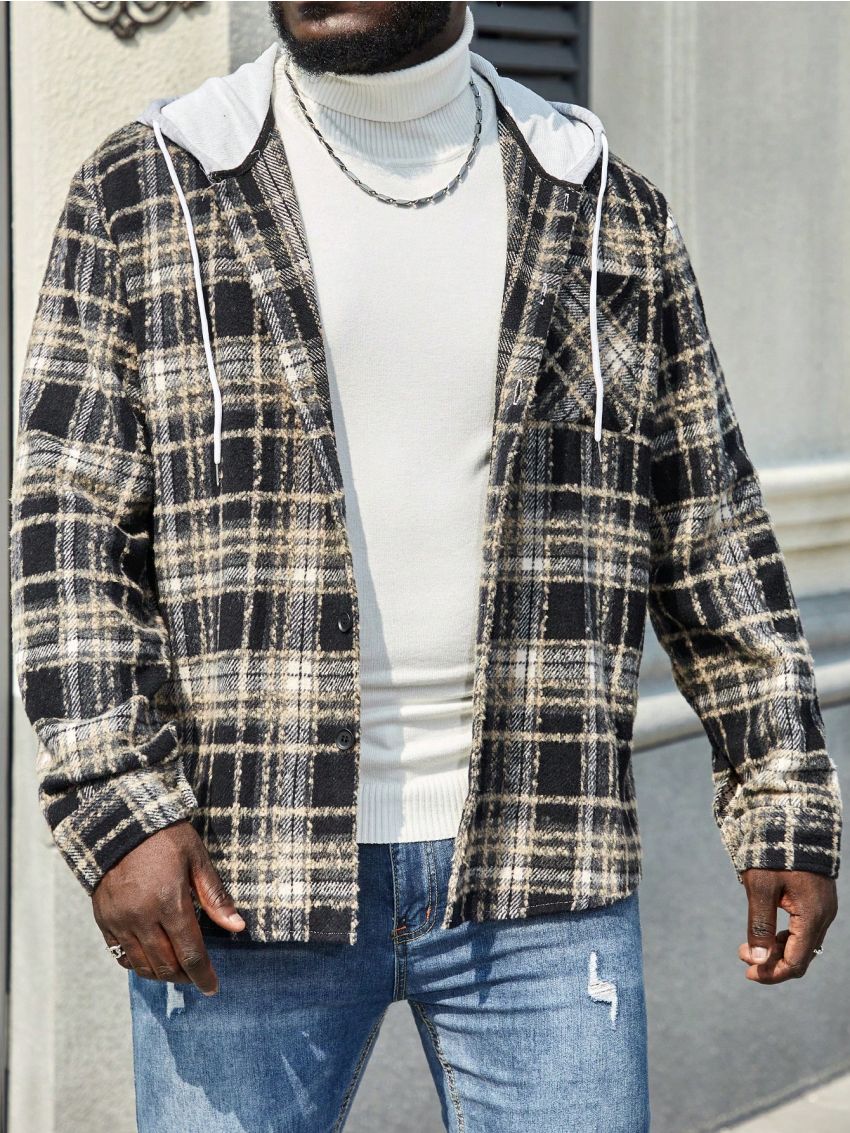 Manfinity Homme Men's Plus Size Plaid Hooded Shirt Jacket