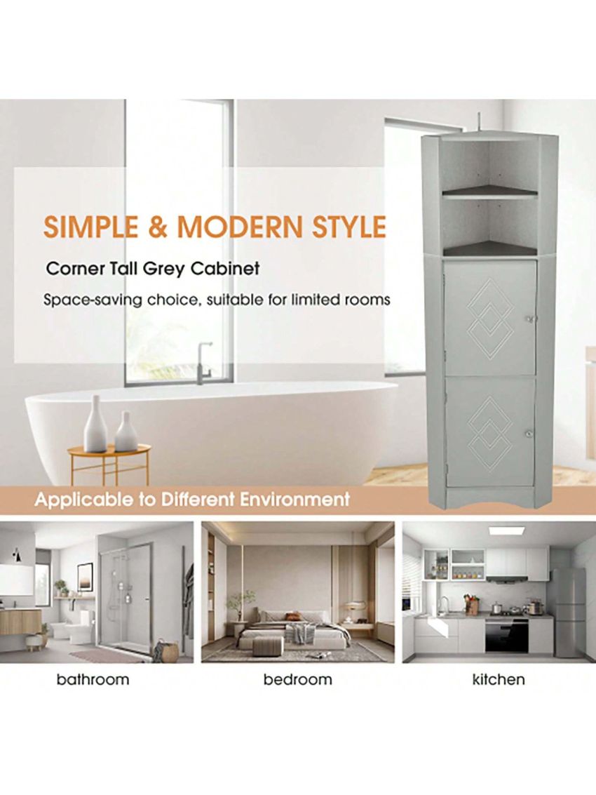 Tall Bathroom Corner Cabinet, Freestanding Storage Cabinet with Doors and Adjustable Shelves, MDF Board, Black