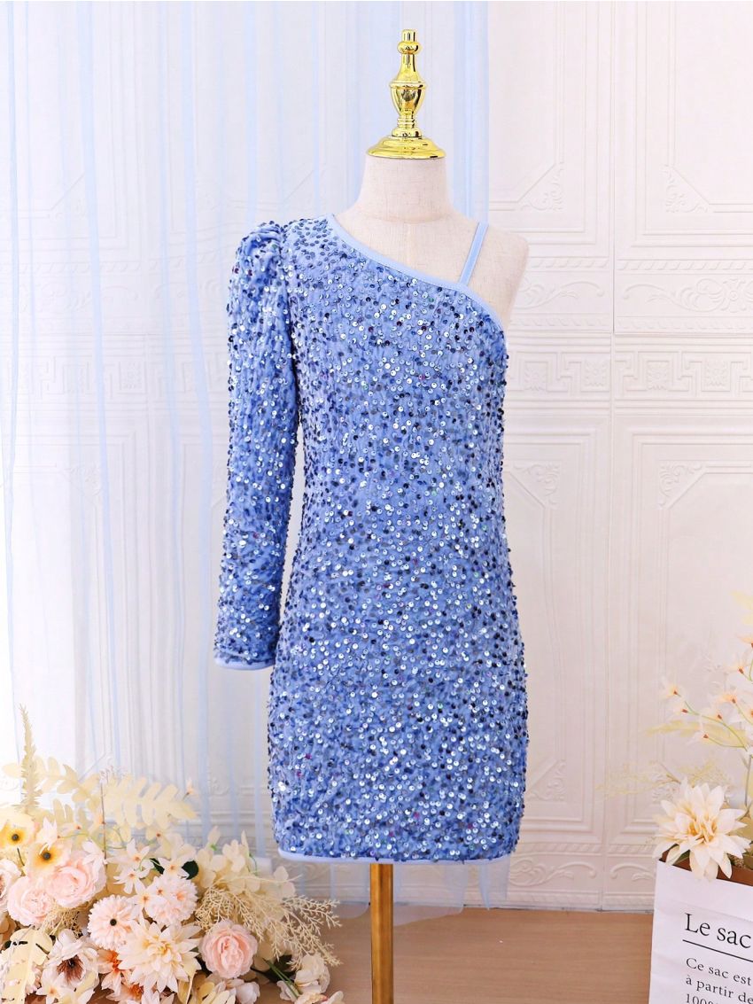 Tween Girls' Romantic Elegant One Shoulder Sequined Party Dress, For Occasions Such As Evening Party, Birthday Party, Performance, Etc. Autumn