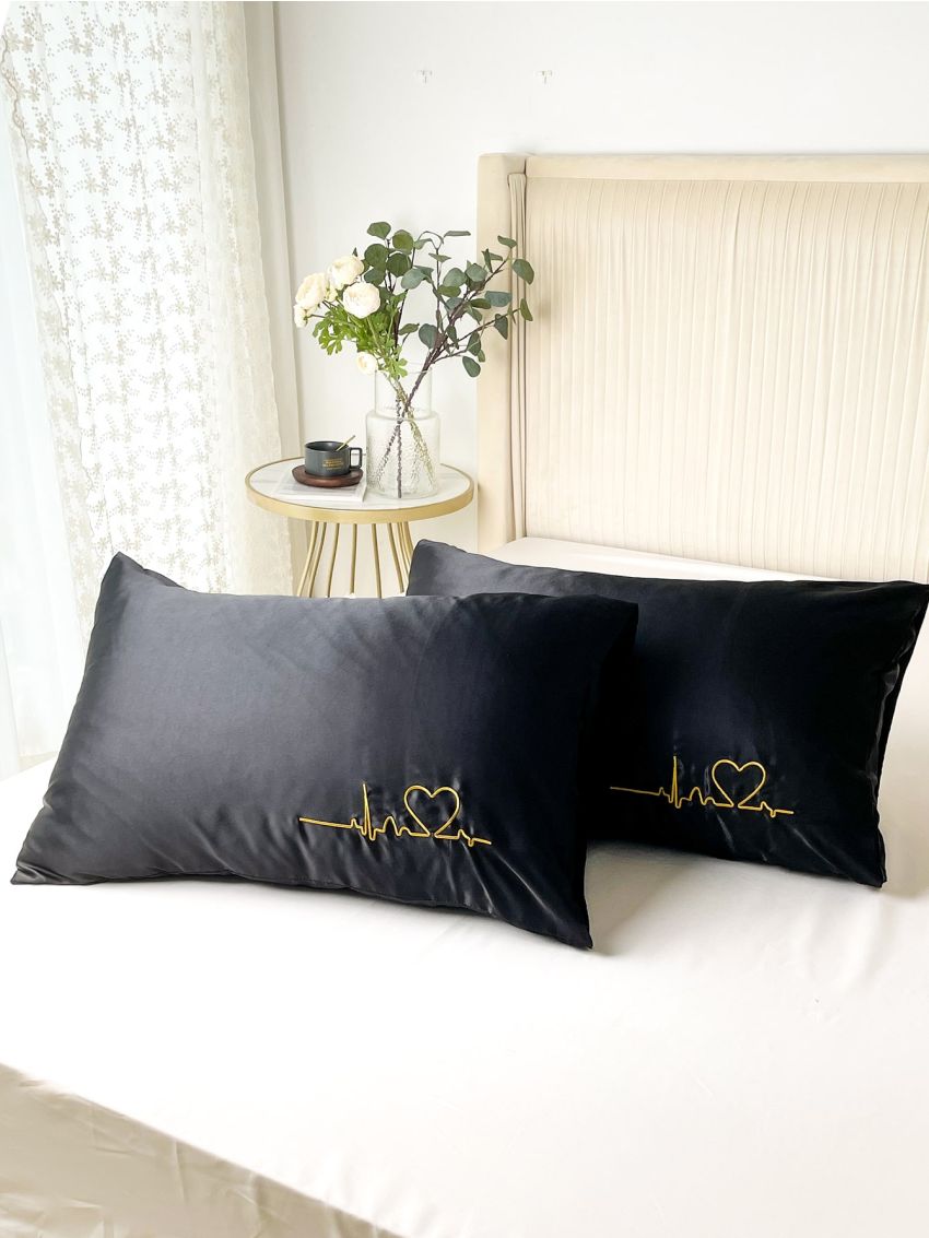 1pair Heart Embroidered Satin Pillowcase Without Filler