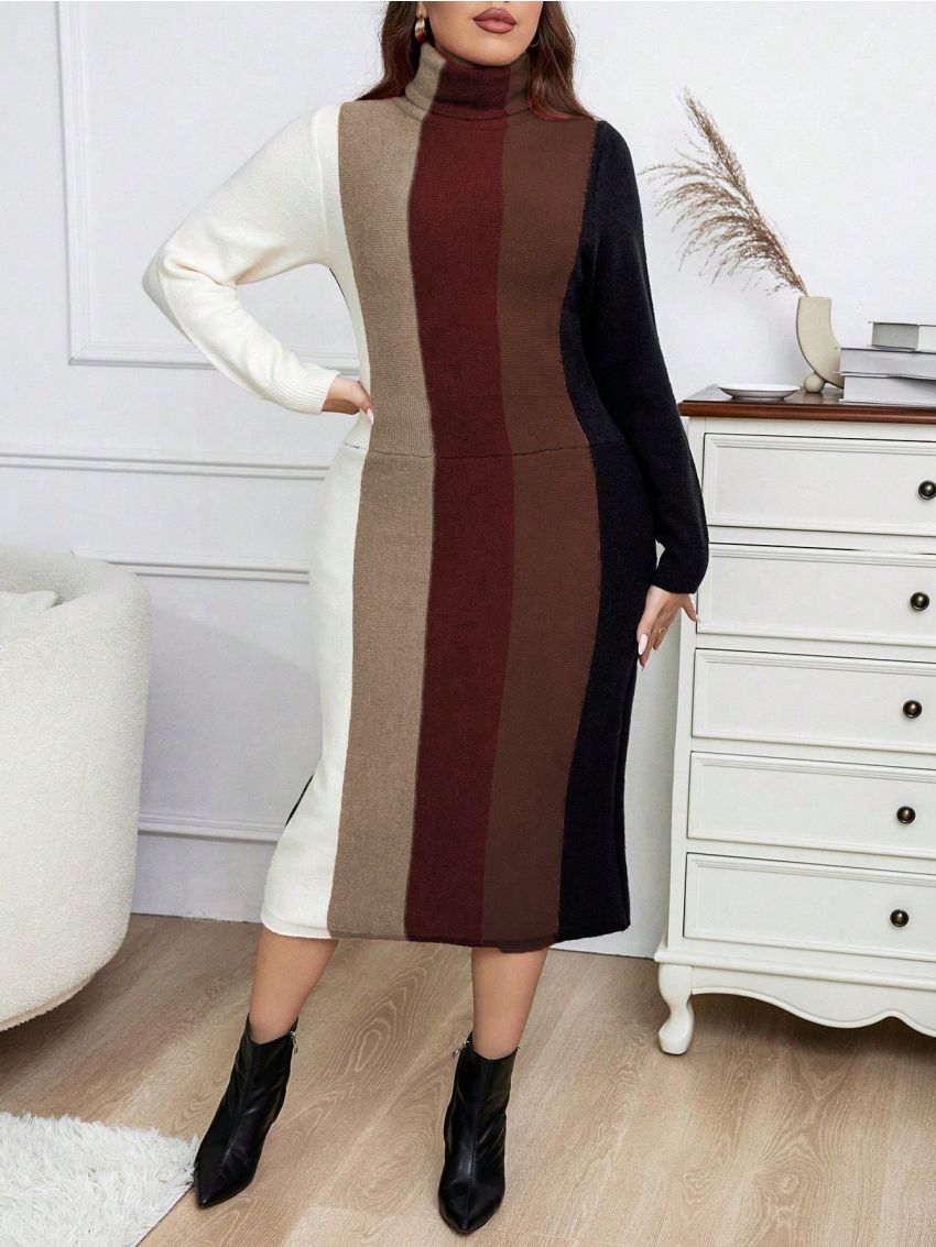 SHEIN Essnce Plus Color Block Turtleneck Sweater Dress