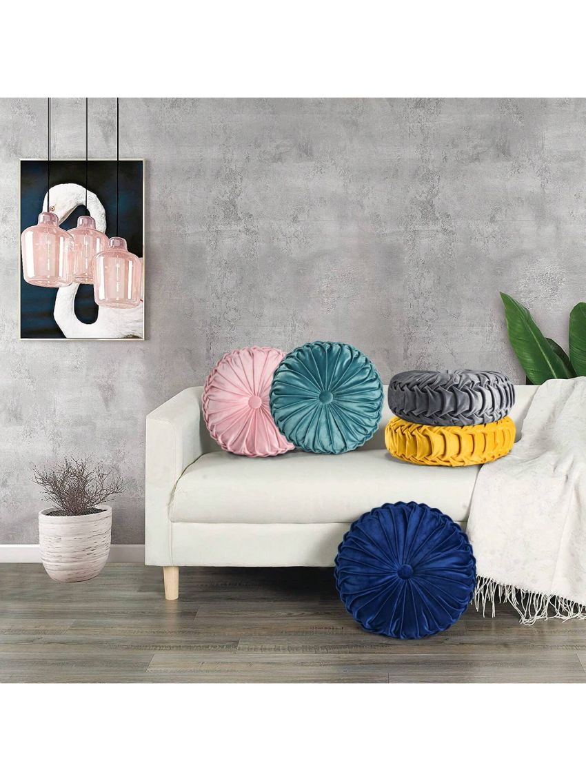 Set of 2 Decorative Round Pleated Throw Pillows, Classy Accent Pumpkin Throw Pillows with Center Button, Vintage Velvet Floor Pillow for Sofa Couch Vanity Chair Bed, 14.5