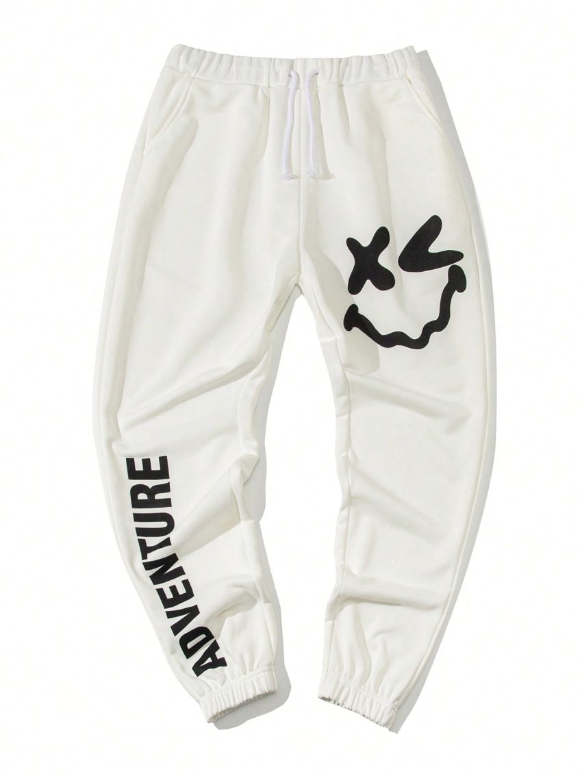 SHEIN Teen Boys' Drawstring Waistband And Elastic Cuff Sweatpants With Emoji & Letter Print