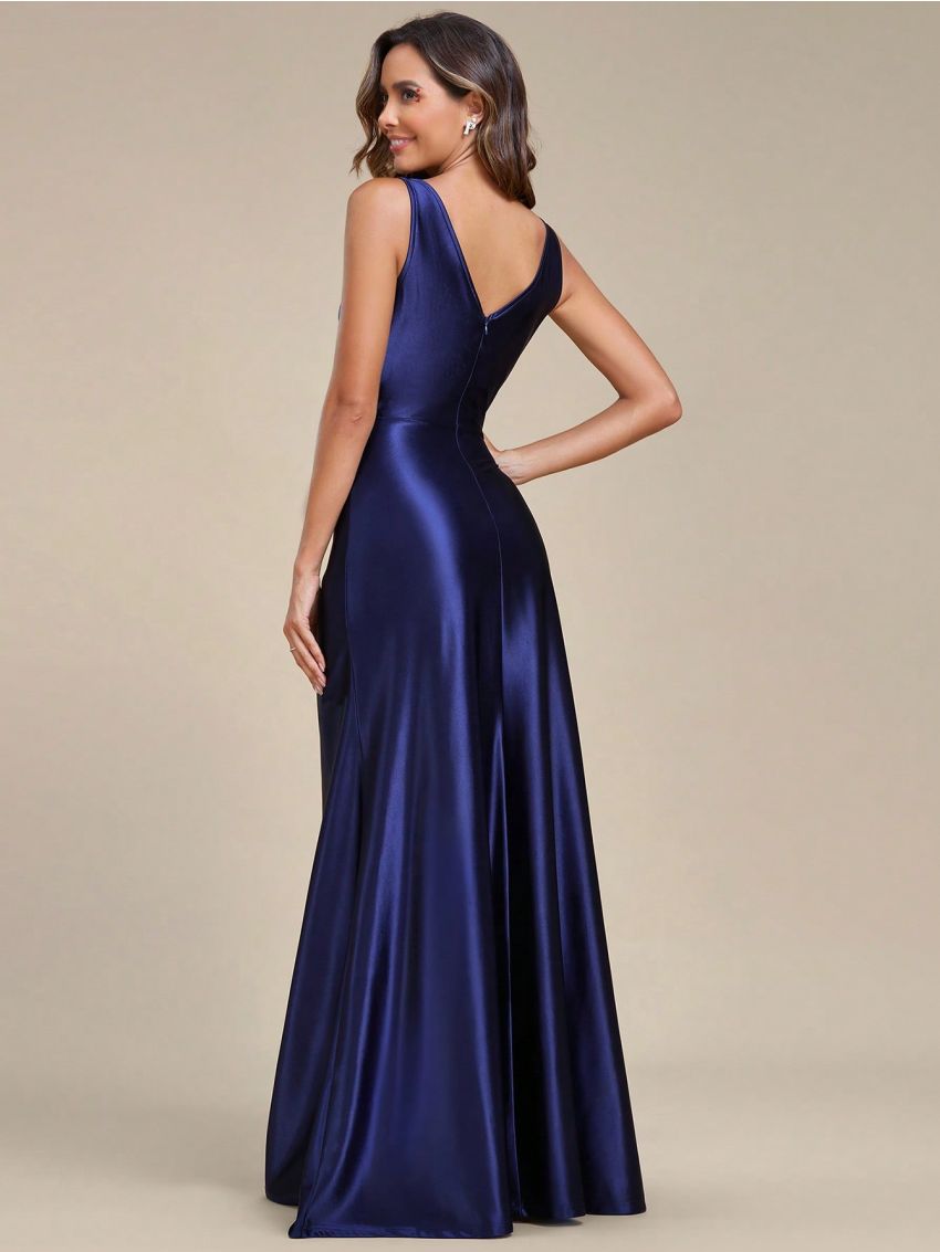 EVER-PRETTY Ruffle Trim Split Thigh Satin Maxi Dress